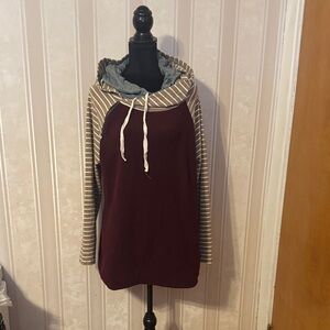 Stylish Burgundy and Gray Cowl Neck Sweater